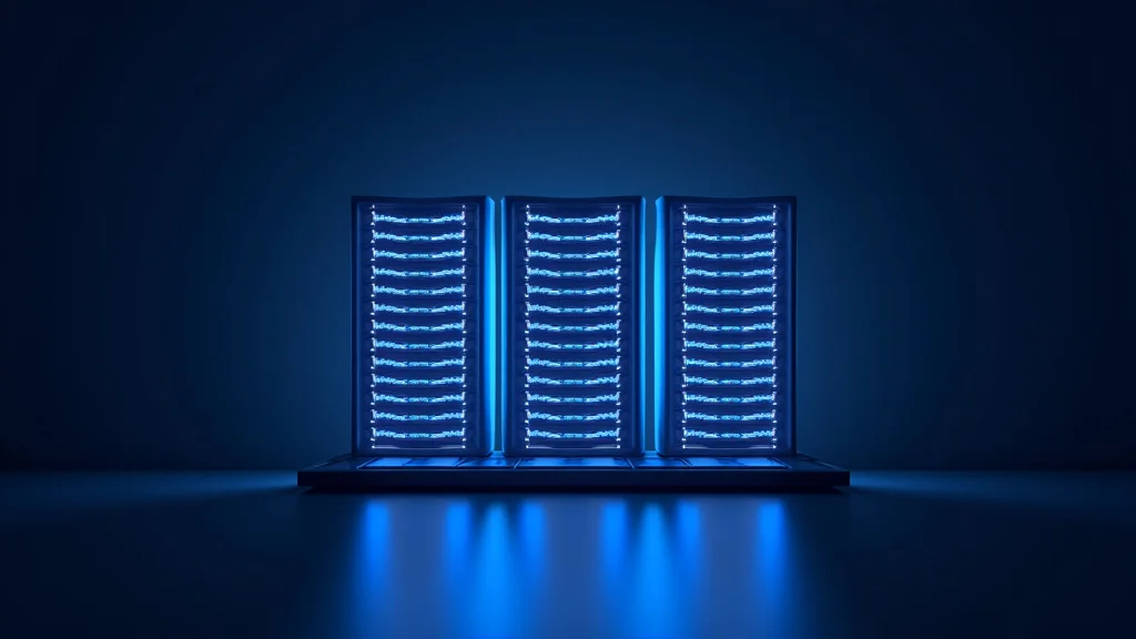 The image shows a person looking at a laptop screen with various web hosting options displayed.